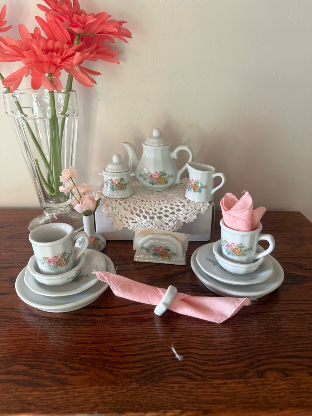 Vintage Floral Porcelain Miniature Tea Set - White with Pink Roses